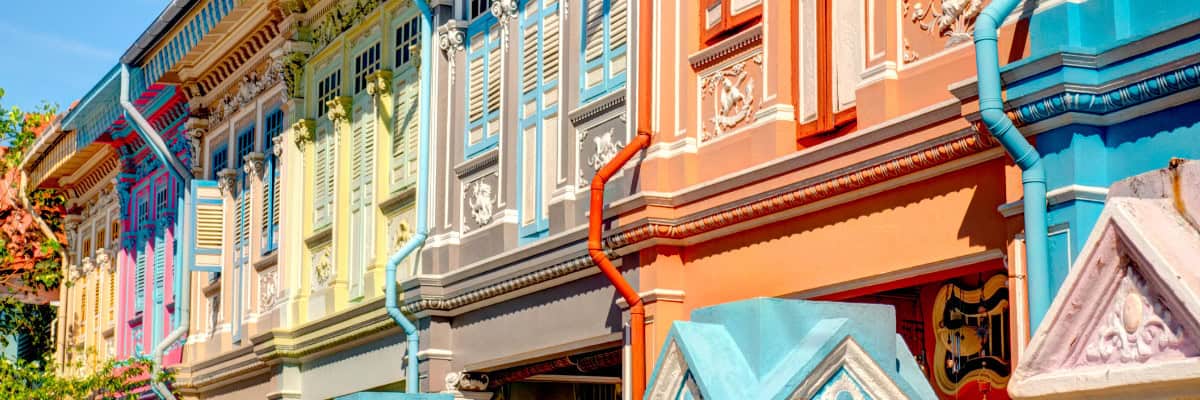 A row of colourful colonial-era houses in Singapore.