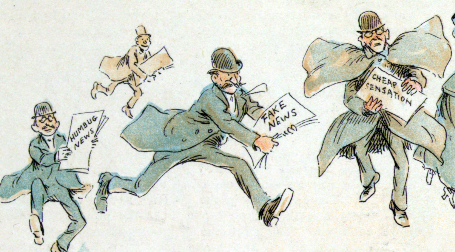 A vintage drawing of three journalists wearing grey suits carrying newspapers. One newspaper says "humbug news", the other says "fake news" and the last says "cheap sensation", indicating the journalists are not writing factual articles but pushing out sensationalistic content for attention. 