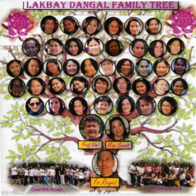An illustration of a family tree with senior staff member's photos on the tree trunk with more photos in the branches of the tree, representing a network of employees of Filipino migrants. 
