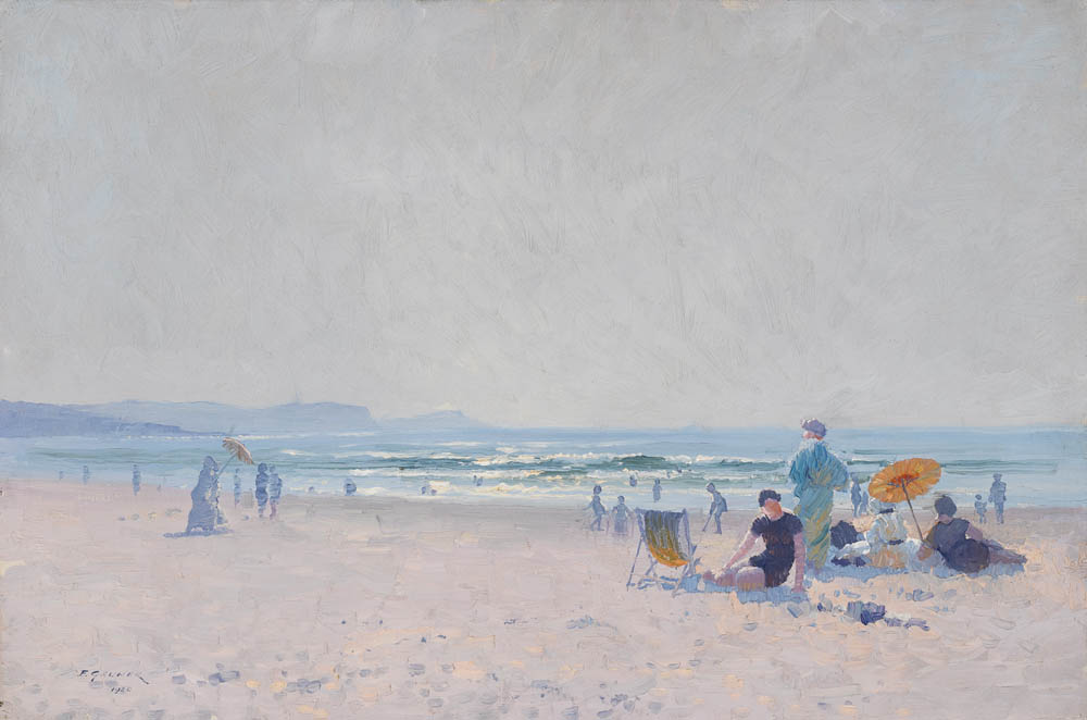 This oil painting depicts a vast beach with turquoise waves, white sand and beachgoers dressed in fashion appropriate for the 1920s.