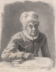 A lithograph of a Caroline Herschel as an elderly woman wearing a bonnet. She is pointing to a map.