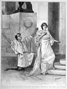 A sketch of a man on his knees declaring his love for a young woman. Both are dressed in traditional Greek clothes. 