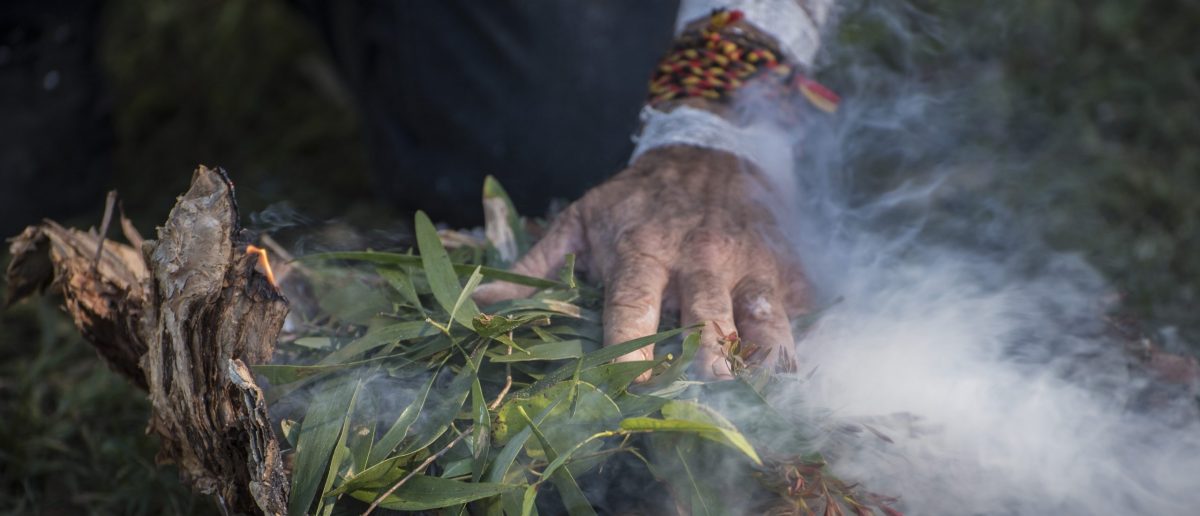 Indigenous hand on top of gum leaves and sticks that are giving off smoke