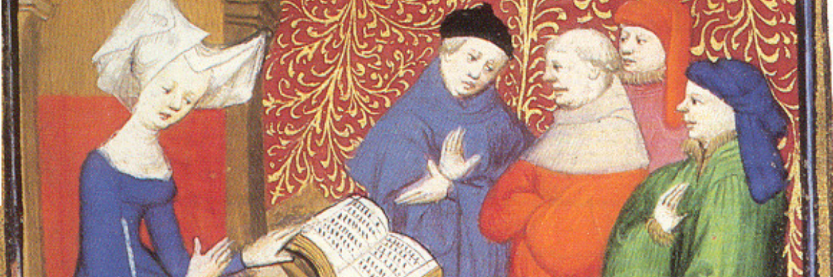 15th century image of female philosopher reading a text 