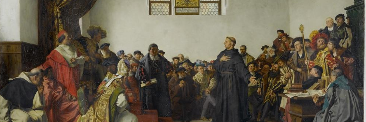Painting of Martin Luther being questioned by Emperor Charles V and assorted clergy