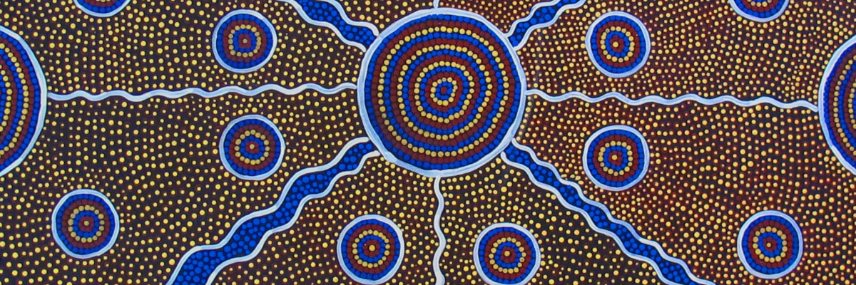 Aboriginal painting in blue , yellow , red and brown 