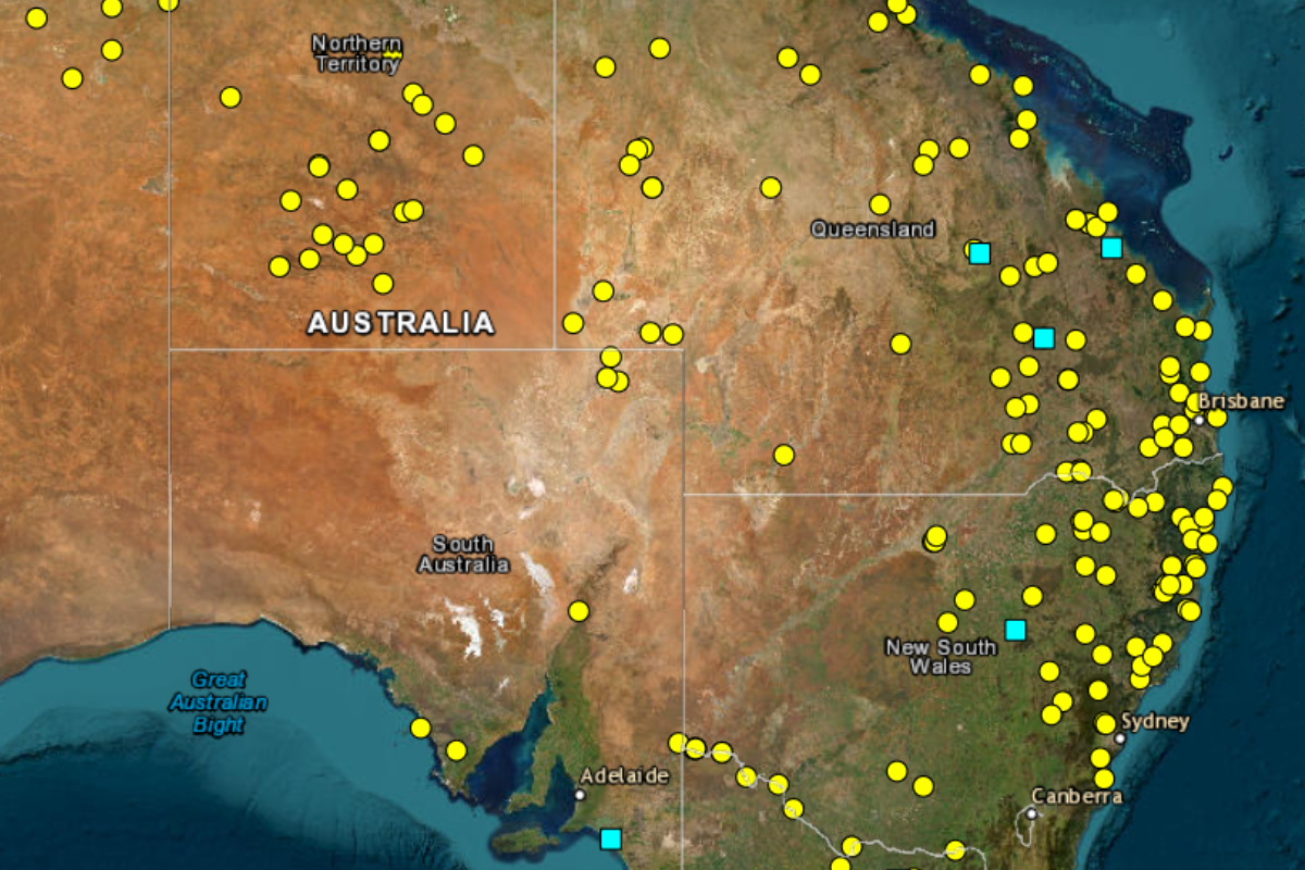 A map of the mid-east of Australia with yello wdots representing frontier massacres