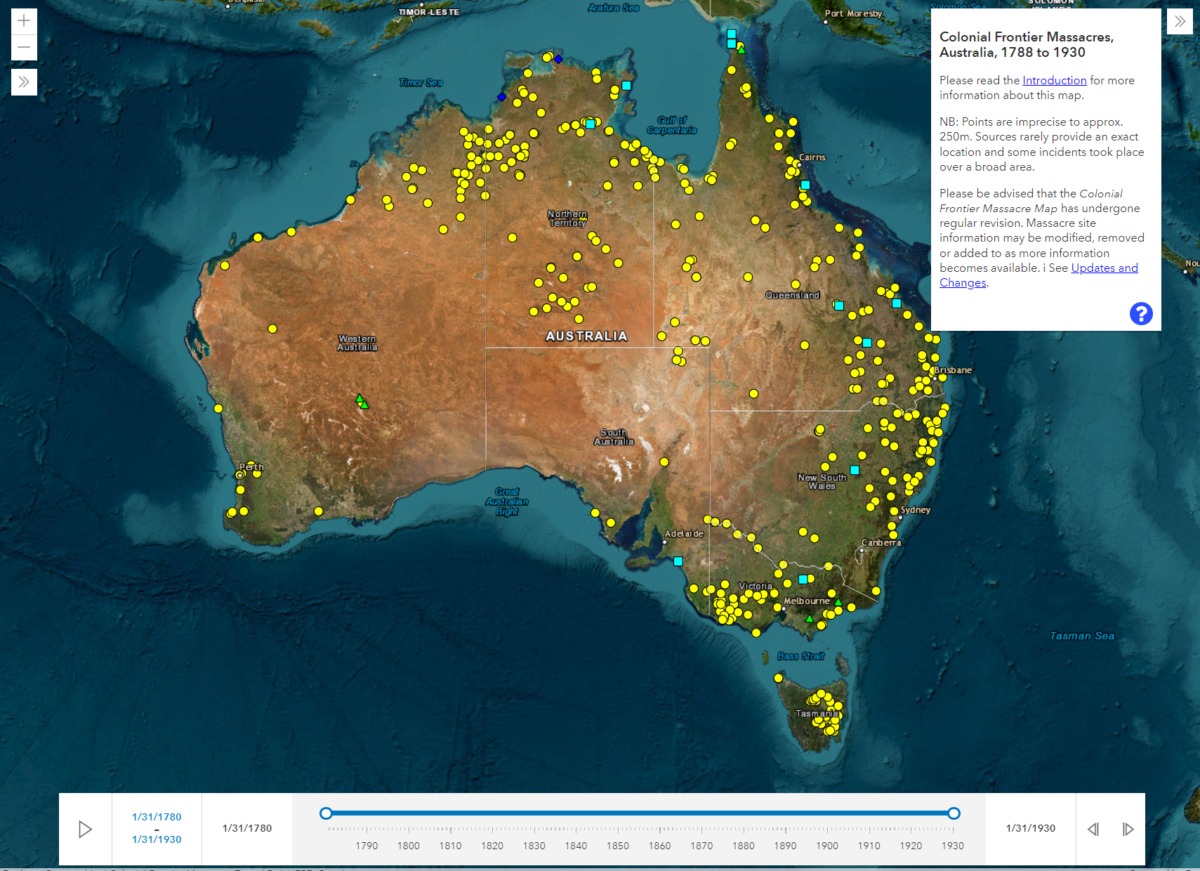 A screenshot of an interactive map of Australia which maps Colonial Frontier Massacres between 1788 to 1930