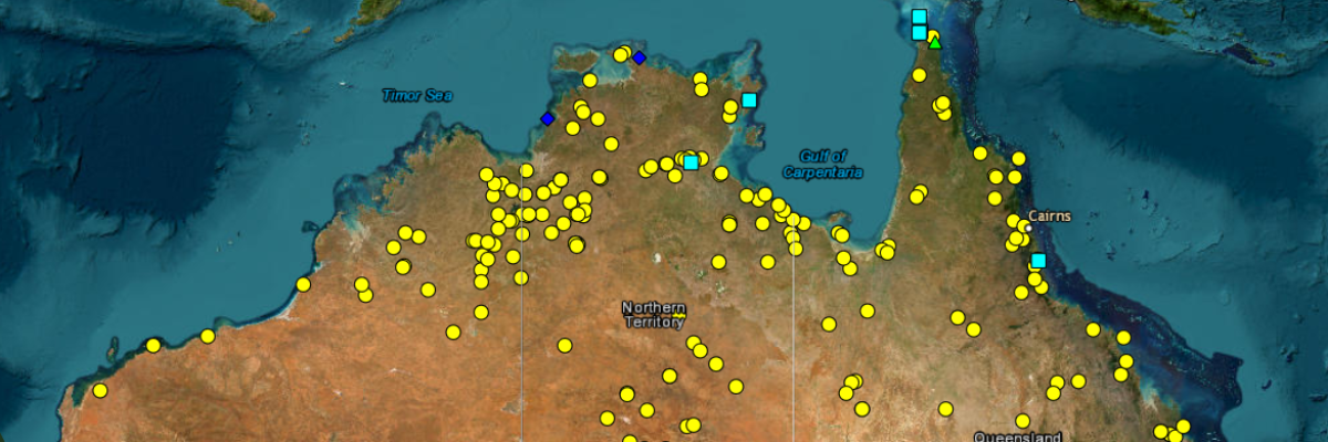 A map of northern Australia with yellow dots signifying frontier massacres