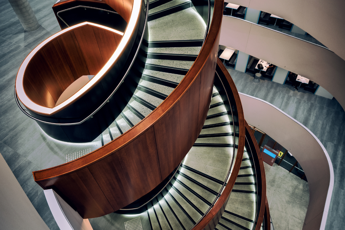 Spiral staircase in the library.