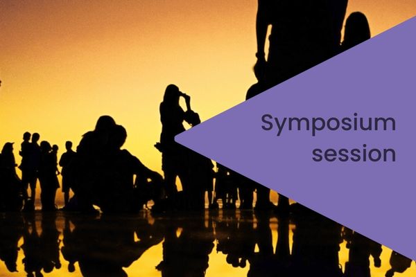 Image of silouettes of people on a beach at sunset and an overlay of a purple triangle with 'Symposium session' in black text.