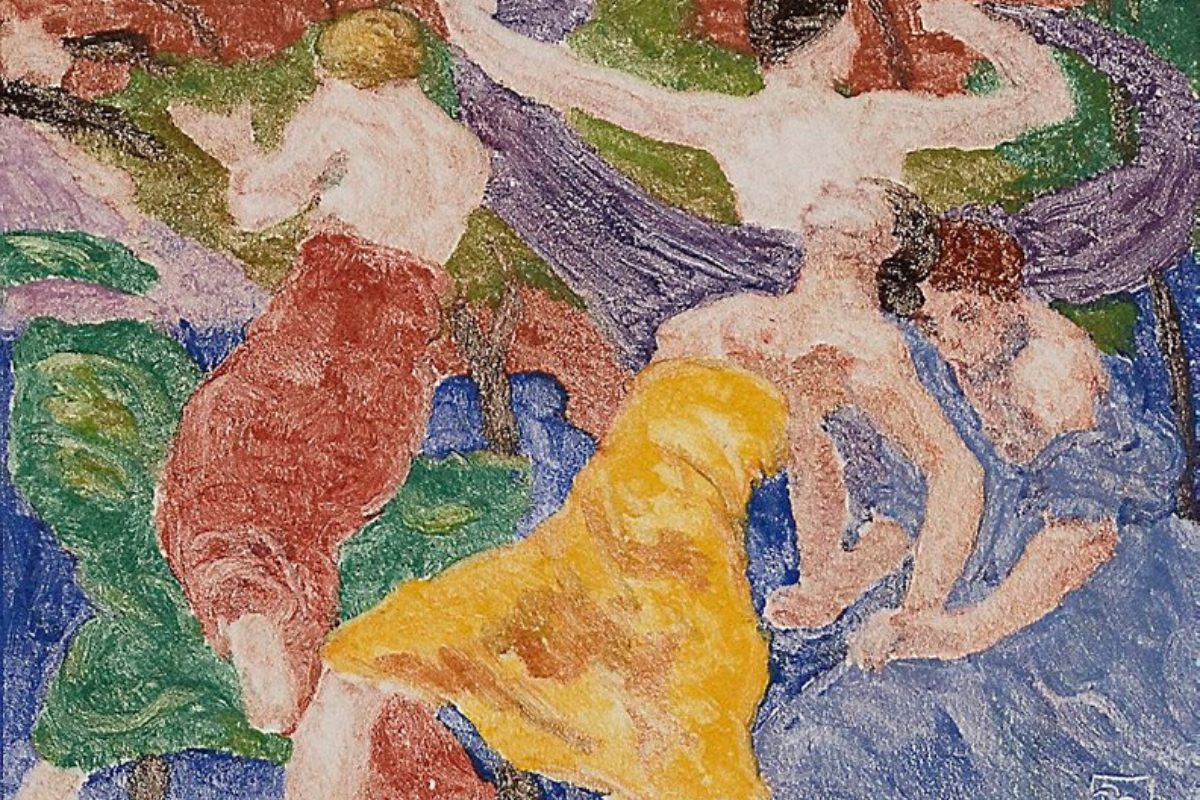 A segment of the artwork "Fresque" by Rupert Bunny which depicts four woman dancing in a circle surrounded by bright clothing,.