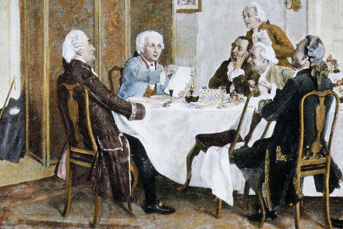 A painting of historical men men having a lively discussion around the table.