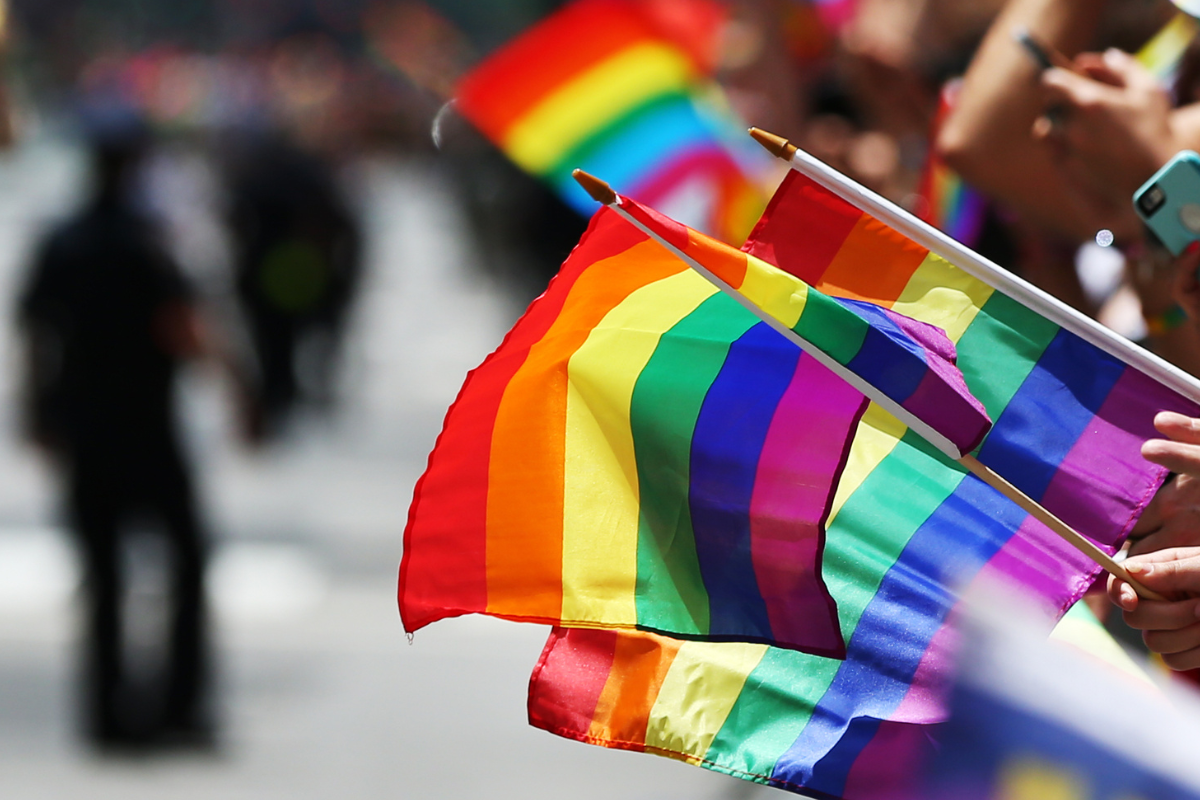 A range of pride flags are being flown at a parade.
