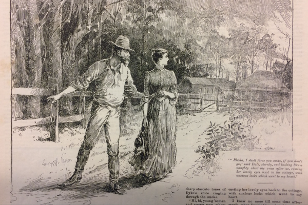 Black and white photo of a bushranger man with a beard wearing a hat alongside a woman in a long dress standing on a dirt road surrounded by trees and a wooden house and barn in the background